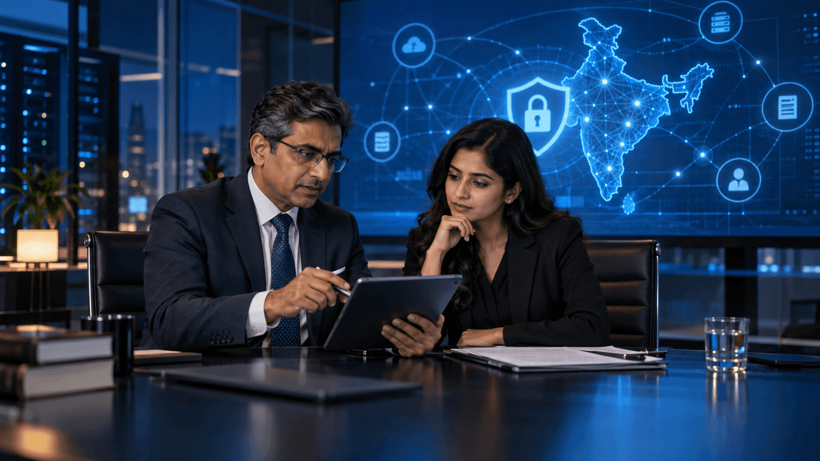 Two legal and privacy professionals reviewing cybersecurity compliance with secure data systems in the background